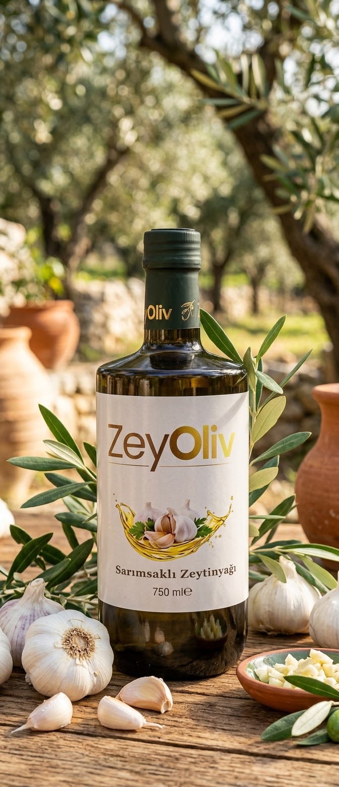 Sarımsak Aromalı Soğuk Sıkım Zeytinyağı 750 ML Cam Şişe